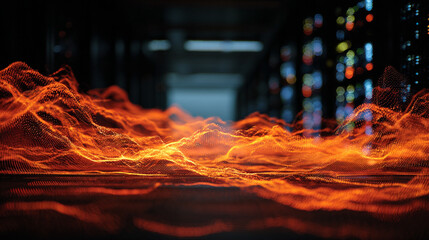A photo of abstract data streams burning like fire waves on a black screen in a server room at night