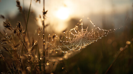 A photo of backlit dew droplets on a spider web glowing in golden sunlight in a peaceful field during dawn
