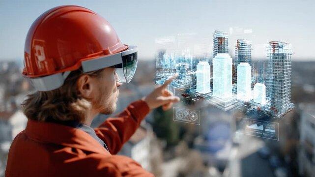 Innovative Architect and Futuristic City Design: A construction worker, immersed in a groundbreaking augmented reality, interacts with a virtual model of a cityscape.
