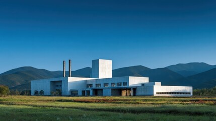 A modern, minimalist industrial building with two smokestacks set against a backdrop of green fields and distant mountains under a clear blue sky.