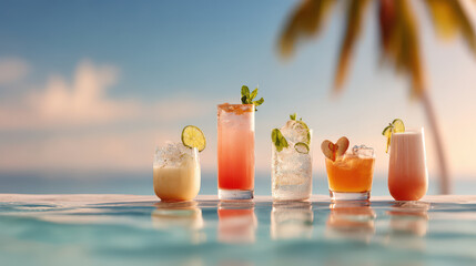 vibrant collection of top  famous cocktails elegantly arranged on sunny beach showcasing delightful essence of