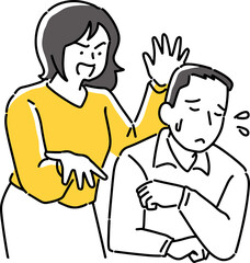 男性の後ろから文句を言う女性