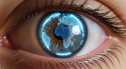 Naklejka premium A macro photo of an eye with a glowing digital globe projection, symbolizing global data, future technology, and augmented reality.
