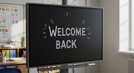 A digital interactive whiteboard displays "Welcome Back" in a classroom setting, with a desk, window, and other classroom elements visible in the background.