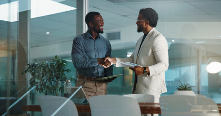Business, handshake and men with documents, hiring and onboarding with welcome. People, job...