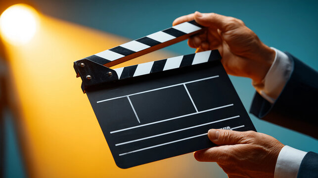 A person's hands holding a black film clapperboard, representing film production, on set production, entertainment industry, and behind the scenes.