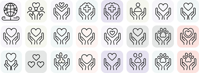 Healthcare support icons, charity and care symbols, hands holding heart, medical help design, pet care, wellness line icon set