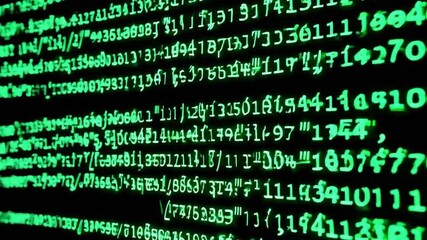 Green digital code streaming on a black background. A representation of data and information