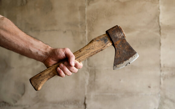 Man's hand holding a rusty vintage axe against a textured wall.