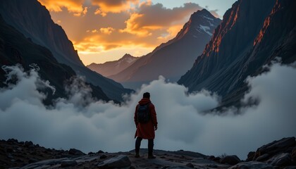 this is an advertisement featuring an individual standing atop a mountainous landscape during sunrise or sunset. the person is wearing a red jacket and has a backpack on
