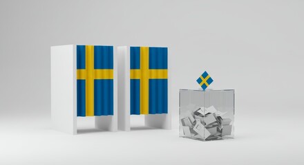 Scandinavian electoral process featuring voting booths with Sweden flag and ballot box