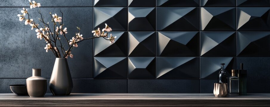 Polished, semi-gloss wall with triangular tiles and a 3D effect in black blocks, suitable for modern, geometric interior designs, Generative AI