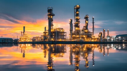 Obraz premium Oil refinery complex at sunset reflection