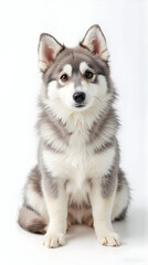 Pomsky dog sitting against white background