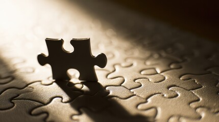 Single puzzle piece nearing completion, dramatic shadows highlighting connection.