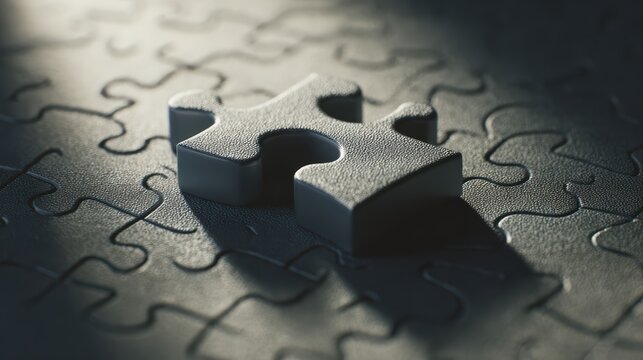 Single puzzle piece nearing completion, dramatic shadows highlighting connection.