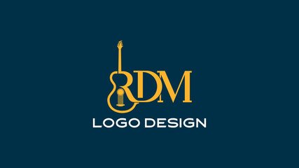 Musical RDM monogram logo creatively shaped into a golden guitar silhouette on dark background, ideal for music branding, entertainment identity, or musician logos