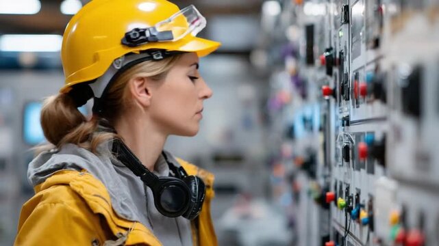 Focused Engineer: An engineer inspects a panel, dressed in a yellow safety helmet and high-visibility jacket, embodies expertise and precision in this industrial setting.