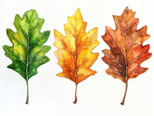 Three watercolor oak leaves showing seasonal color transition in nature illustration.
