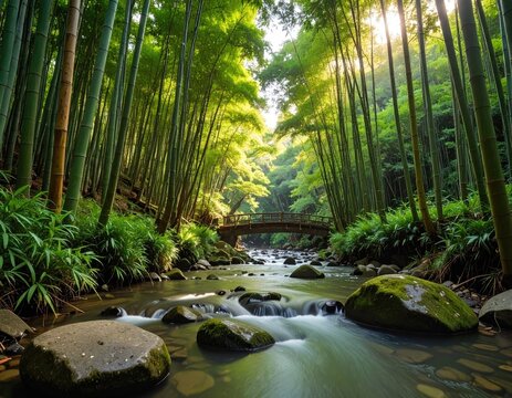 Lush bamboo forest with flowing stream and bridge - Powered by Adobe