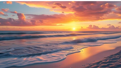Fototapeta premium Serene Ocean Sunset with Colorful Skies and Gentle Waves on the Shore