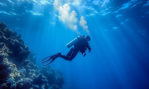 Underwater ocean view with sunlight filtering through the water, creating a serene and deep blue abyss for diving and scuba diving backgrounds, Generative AI