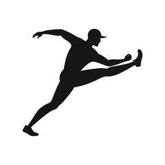 Dynamic baseball pitcher in mid throw action with one leg raised and arm extended