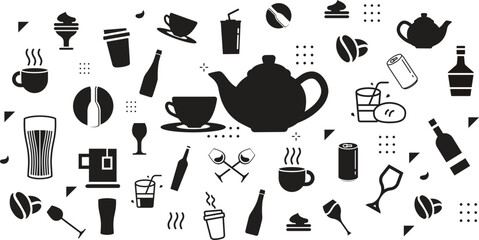 Hot drinks and beverages silhouette icon set – solid style coffee, tea, and refreshment symbols for menu design: teacup, iced drink, cappuccino, smoothie, latte, soda.