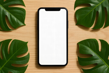 Black smartphone with blank white screen surrounded by vibrant monstera leaves on bright wooden surface