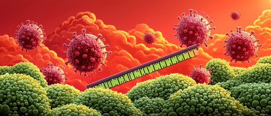 Colorful 3D illustration of viral particles and RNA strands interacting with cell surfaces.