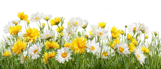 A vibrant field of yellow and white daisies isolated on transparent background
