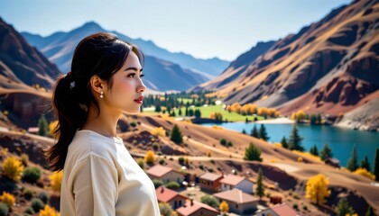 a photograph of a person standing outdoors in a scenic landscape, likely at a tourist location with mountains and valleys in the background