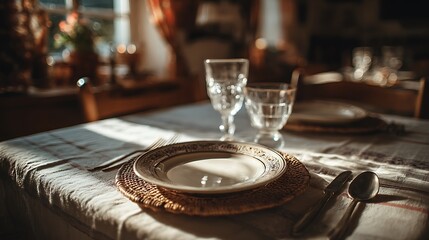 Top view of a minimalist dining setup for one with aligned silverware and missing meal, expressing themes of self-discipline, calmness, and intentional living