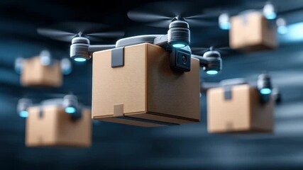 Drone delivery with multiple flying drones carrying cardboard boxes showcasing futuristic logistics technology concept in motion - Powered by Adobe