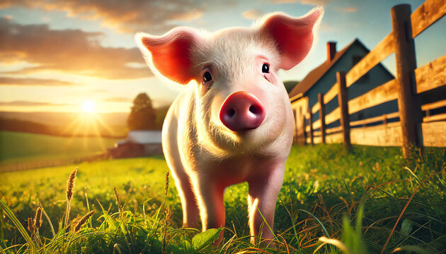 A picturesque countryside scene featuring a close-up of a pig standing in a lush green pasture