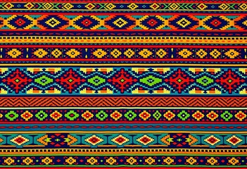 Bold, multicolored geometric textile with tribal patterns, intricate weaving, pattern, colorful