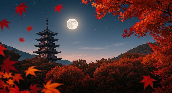 A scene of autumn foliage in rich reds, oranges, and golds, with a classic Chinese pagoda silhouetted against a brilliant full moon. The leaves are gently falling, creating a sense of movement