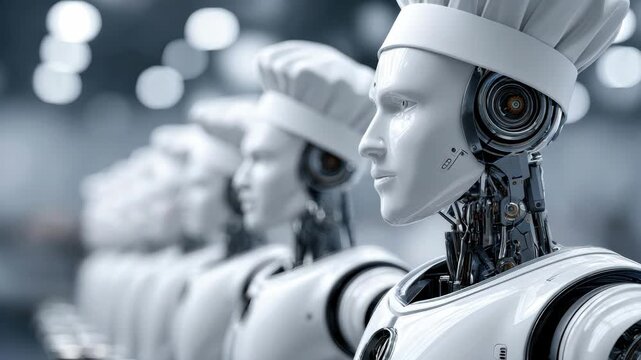 Futuristic robot chef white uniform and hat standing row showcasing advanced artificial intelligence technology and mechanical