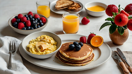 Breakfast flat lay with pancakes, berries, scrambled eggs, toast, and orange juice on a white table