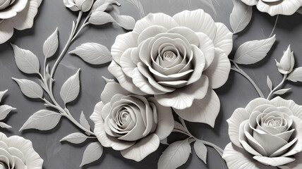 3D White Roses with Stems and Leaves on Grey Background - Horizontal