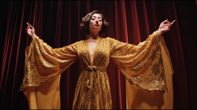 Elegant Performer in Golden Costume with Dramatic Stage Backdrop