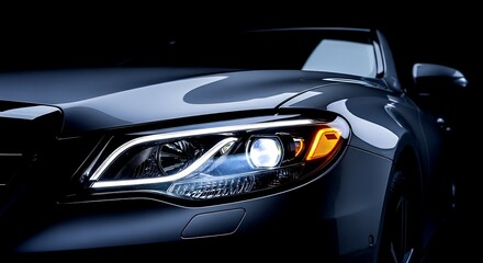 Close up of a modern car headlight with L E D daytime running lights and amber turn signal automotive
