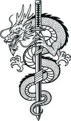 A fierce dragon coiled around a katana, a powerful symbol of strength and mystery.