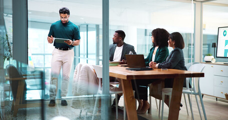 Presentation, meeting and business people in office with tablet for finance forecasting....