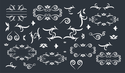 Swirl ornament stroke. Ornamental curls, swirls divider and filigree ornaments vector illustration set
