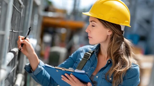 Focused Inspection: A female construction worker diligently inspects a construction site wearing a hard hat. The image embodies professionalism, safety, and attention to detail. 