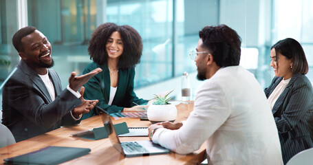 Discussion, teamwork and business people in office with laptop for finance budget planning....