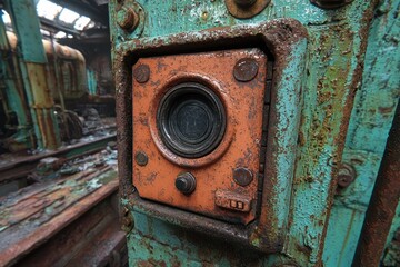 Close-up of corroded industrial machinery control panel with rust.
