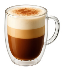 Obraz premium Double-wall glass mug of cinnamon-infused macchiato with visible layers of espresso and milk