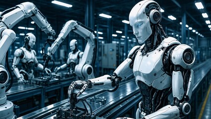 Humanoid robots and robotic arms working on an assembly line in a futuristic factory, showcasing the advancements in automation and artificial intelligence